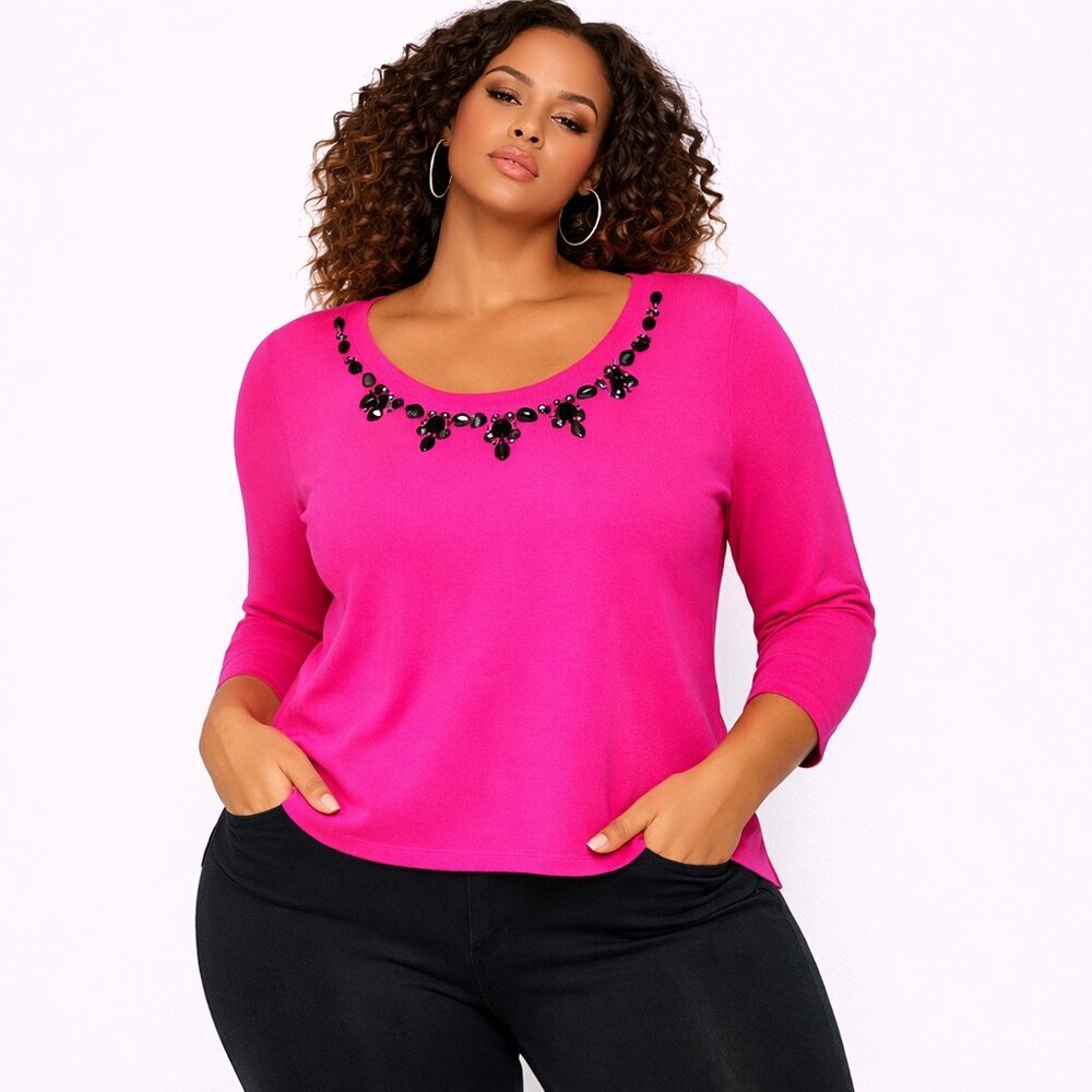 Laura Ashley Pink Embellished Scoop Neck 3/4 Sleeve Top Sweater Size XL